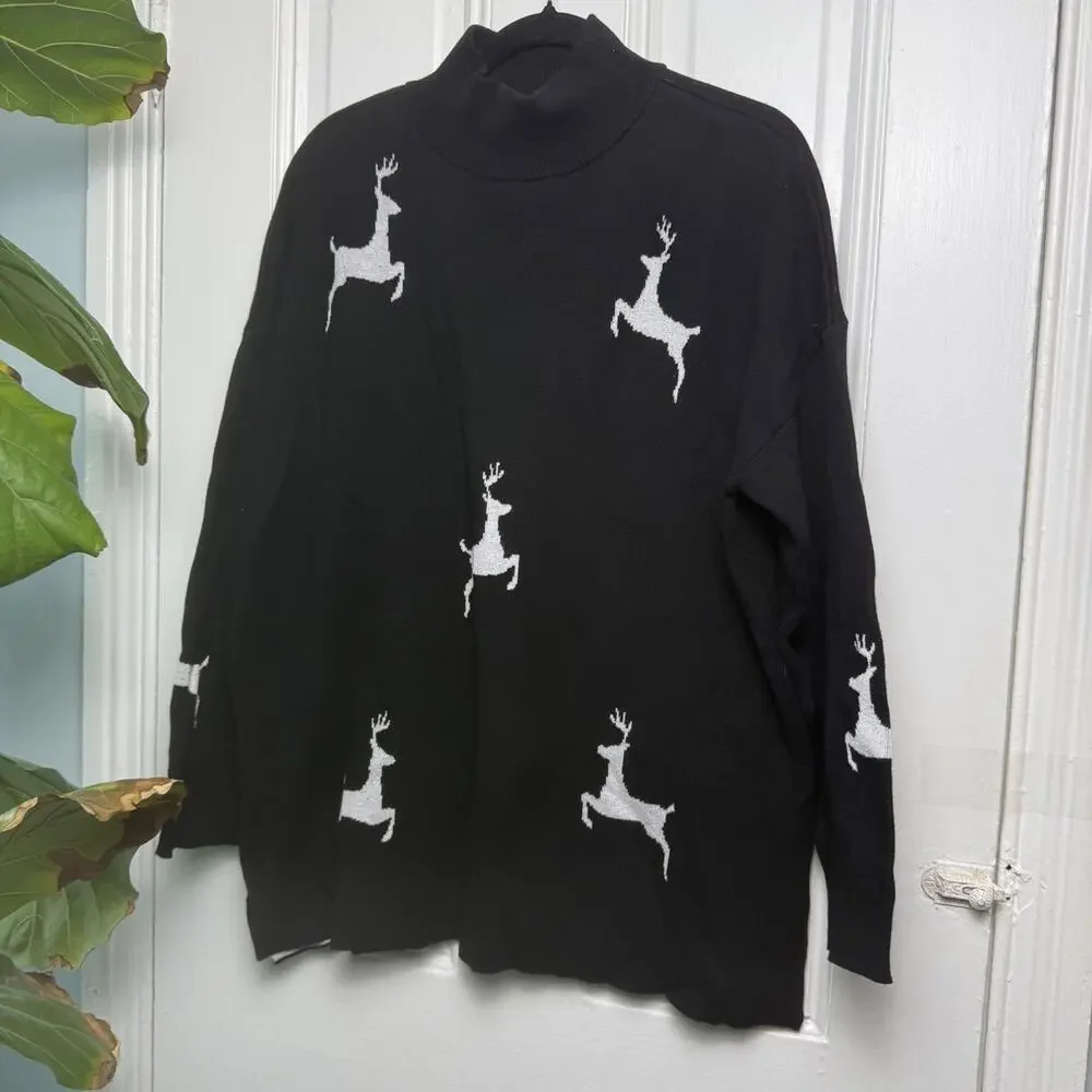 Jingle Belles Kim Gravel Reindeer Mock Neck Sweater Womens XL Black White